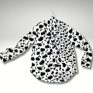 NWT URLAZH Womens 90% Silk Blend Long Sleeve Top Blouse Black White Large Scarf